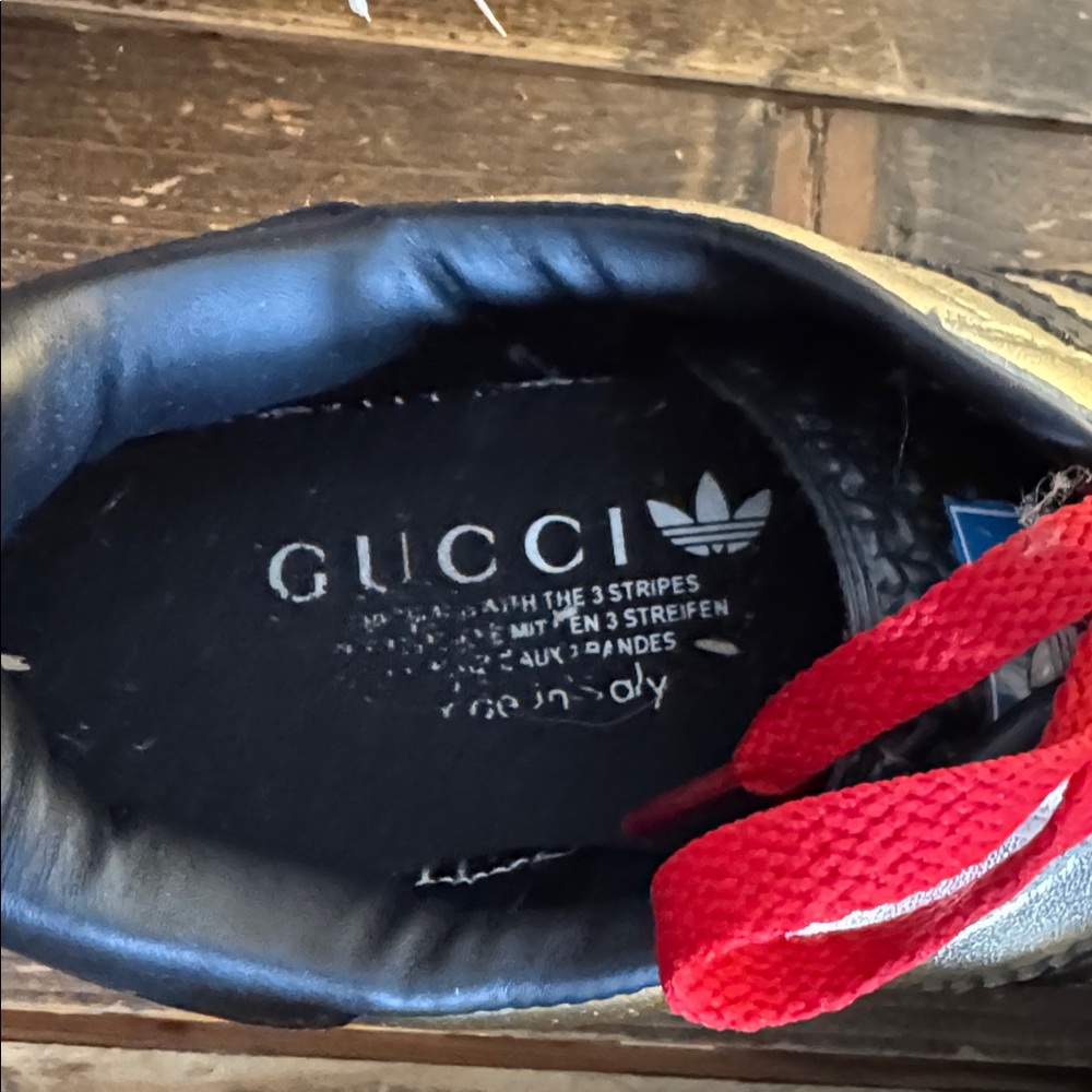 Adidas x Gucci Mens Gazelle Metallic Gold Sneakers with Red Laces - Picture 2 of 14
